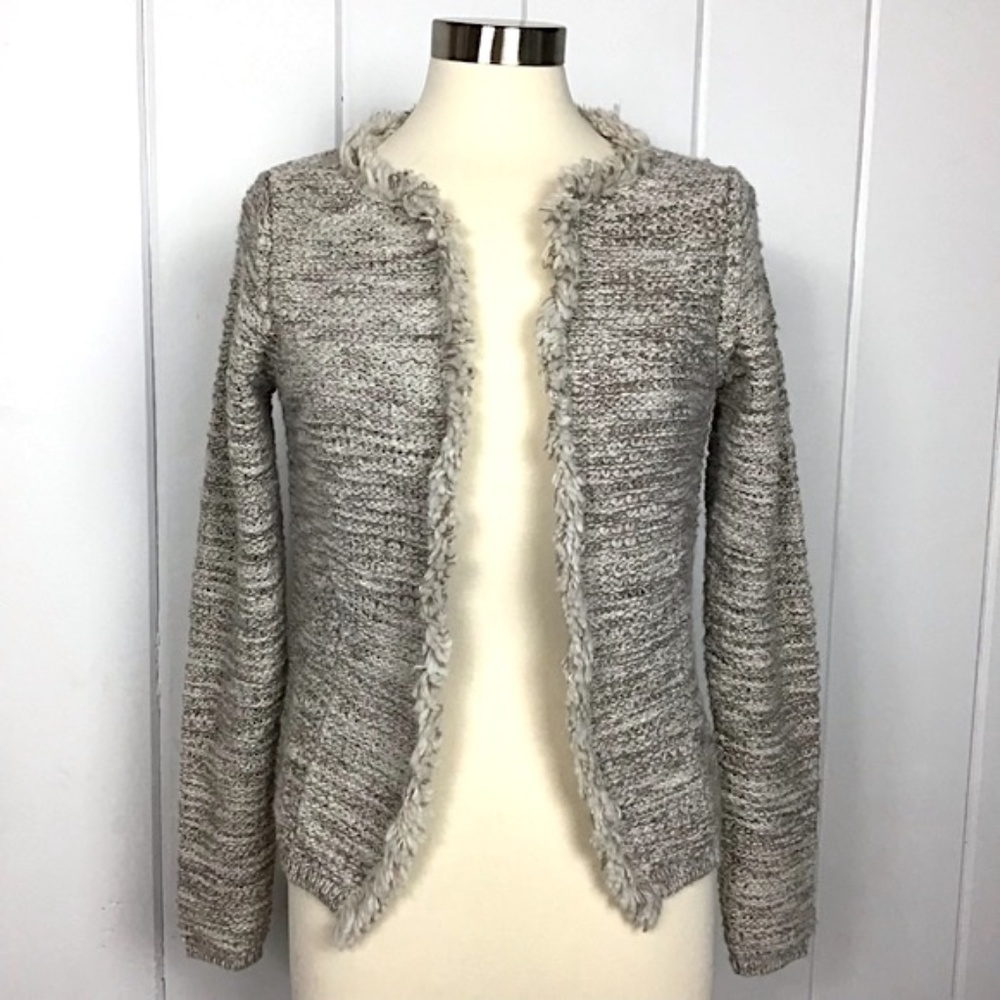 Cozy Open-Front Heather Gray Cardigan with Fuzzy Trim